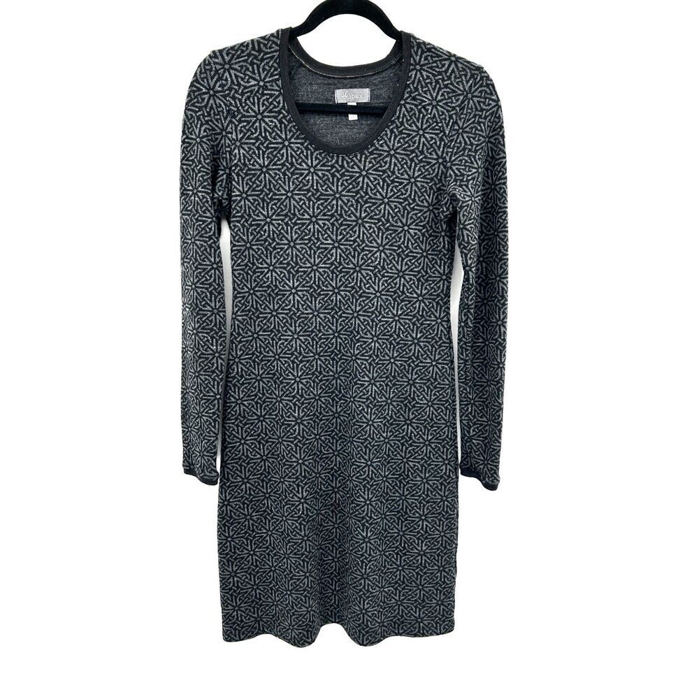IBEX Gray Geometric Merino Wool Scoop Neck Long Sleeve Sweater Dress Size Small